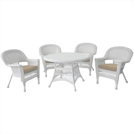 Jeco 5 Piece White Wicker Dining Set - Tan Cushions W00206D-B-G-FS006